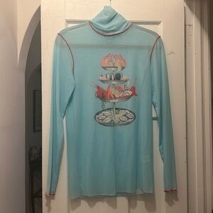 Sheer Blue Long Sleeve Top with Red Accents